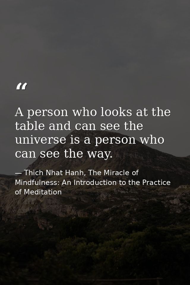 A person who looks at the table and can see the universe is a person who can see the way. — Thich Nhat Hanh, The Miracle of Mindfulness: An Introduction to the Practice of Meditation