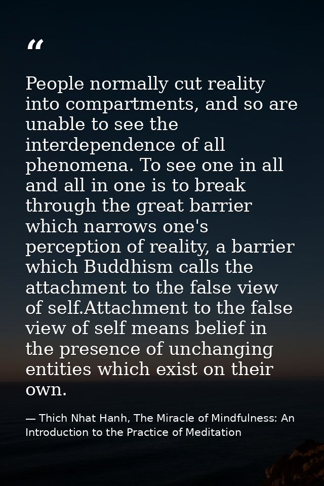 People normally cut reality into compartments, and so are unable to see the interdependence of all phenomena. To see one — Thich Nhat Hanh, The Miracle of Mindfulness: An Introduction to the Practice of Meditation
