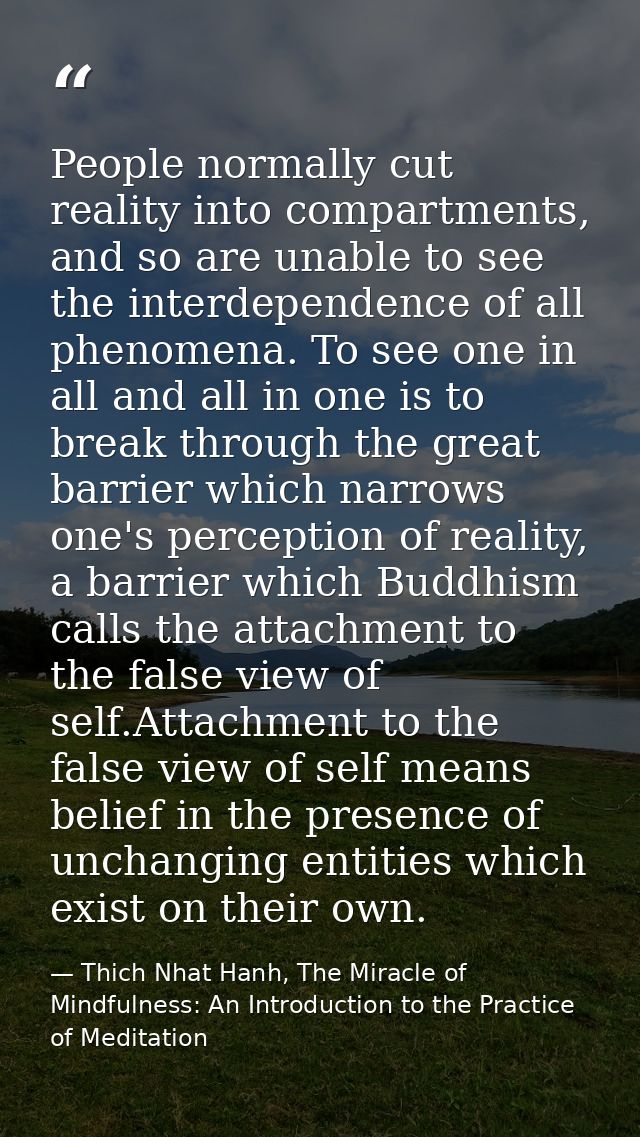 People normally cut reality into compartments, and so are unable to see the interdependence of all phenomena. To see one — Thich Nhat Hanh, The Miracle of Mindfulness: An Introduction to the Practice of Meditation