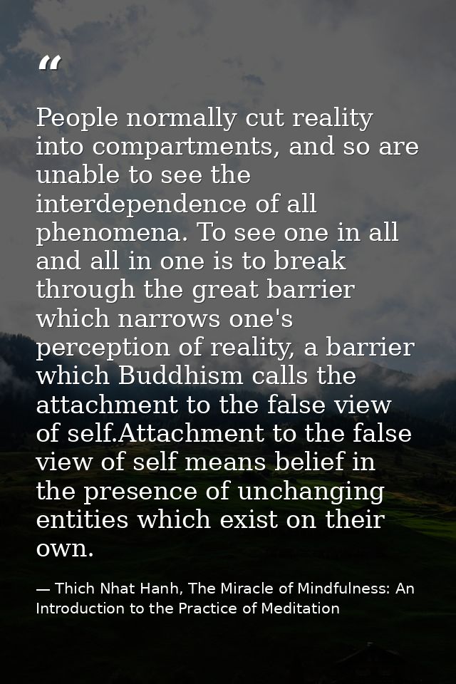 People normally cut reality into compartments, and so are unable to see the interdependence of all phenomena. To see one — Thich Nhat Hanh, The Miracle of Mindfulness: An Introduction to the Practice of Meditation