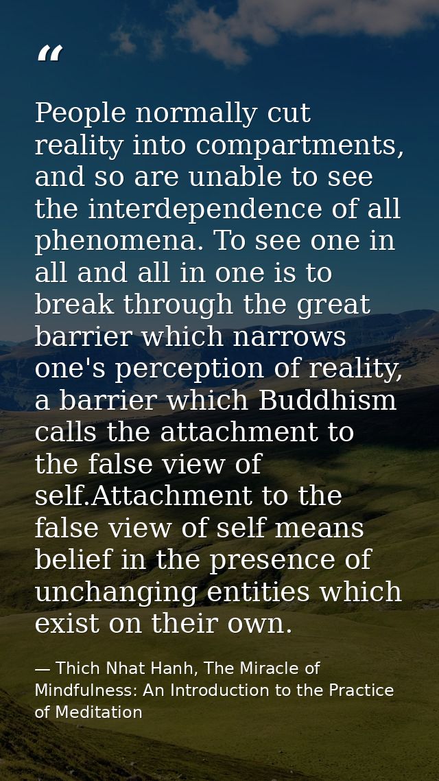 People normally cut reality into compartments, and so are unable to see the interdependence of all phenomena. To see one — Thich Nhat Hanh, The Miracle of Mindfulness: An Introduction to the Practice of Meditation
