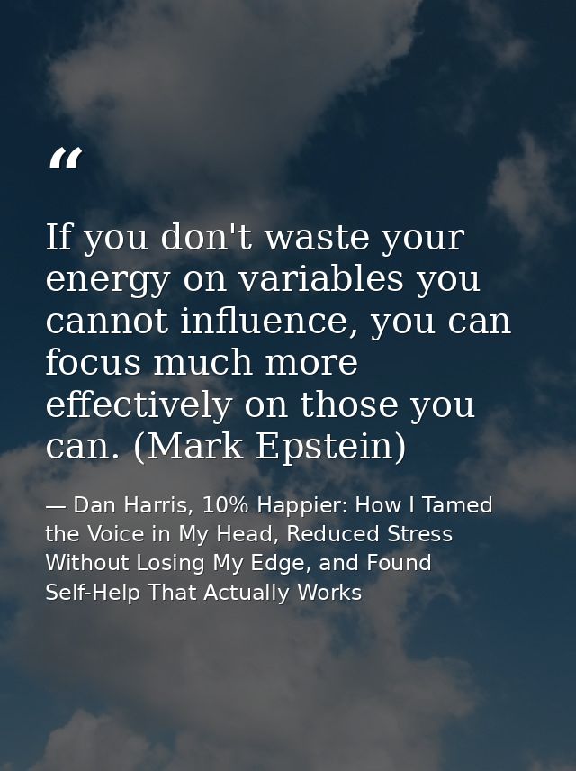 If you don't waste your energy on variables you cannot influence, you can focus much more effectively on those you can.  — Dan Harris, 10% Happier: How I Tamed the Voice in My Head, Reduced Stress Without Losing My Edge, and Found Self-Help That Actually Works