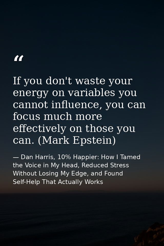 If you don't waste your energy on variables you cannot influence, you can focus much more effectively on those you can.  — Dan Harris, 10% Happier: How I Tamed the Voice in My Head, Reduced Stress Without Losing My Edge, and Found Self-Help That Actually Works