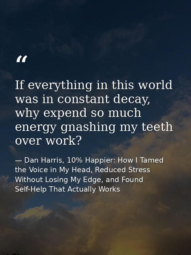If everything in this world was in constant decay, why expend so much energy gnashing my teeth over work? — Dan Harris, 10% Happier: How I Tamed the Voice in My Head, Reduced Stress Without Losing My Edge, and Found Self-Help That Actually Works