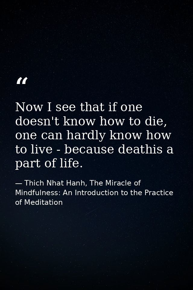 Now I see that if one doesn't know how to die, one can hardly know how to live - because deathis a part of life. — Thich Nhat Hanh, The Miracle of Mindfulness: An Introduction to the Practice of Meditation
