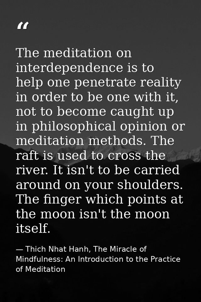 The meditation on interdependence is to help one penetrate reality in order to be one with it, not to become caught up i — Thich Nhat Hanh, The Miracle of Mindfulness: An Introduction to the Practice of Meditation