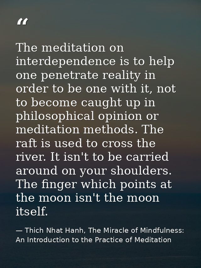 The meditation on interdependence is to help one penetrate reality in order to be one with it, not to become caught up i — Thich Nhat Hanh, The Miracle of Mindfulness: An Introduction to the Practice of Meditation