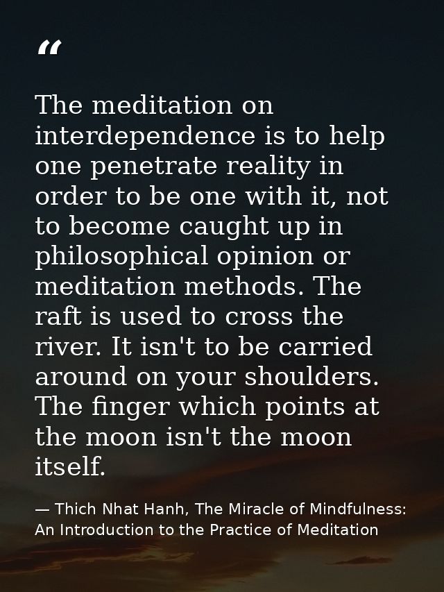 The meditation on interdependence is to help one penetrate reality in order to be one with it, not to become caught up i — Thich Nhat Hanh, The Miracle of Mindfulness: An Introduction to the Practice of Meditation