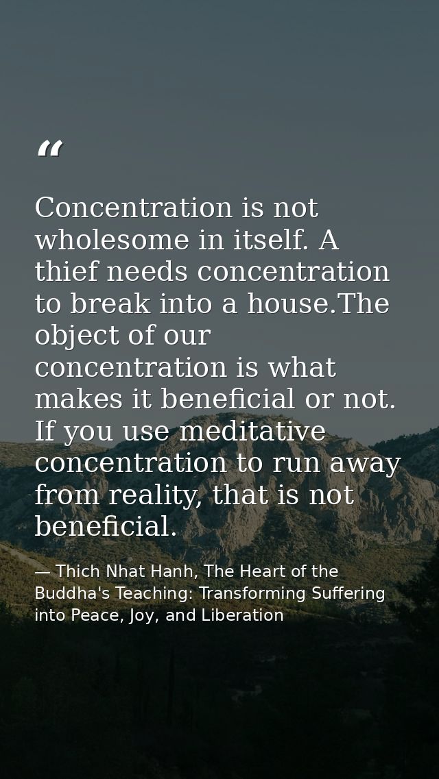 Concentration is not wholesome in itself. A thief needs concentration to break into a house.The object of our concentrat — Thich Nhat Hanh, The Heart of the Buddha's Teaching: Transforming Suffering into Peace, Joy, and Liberation