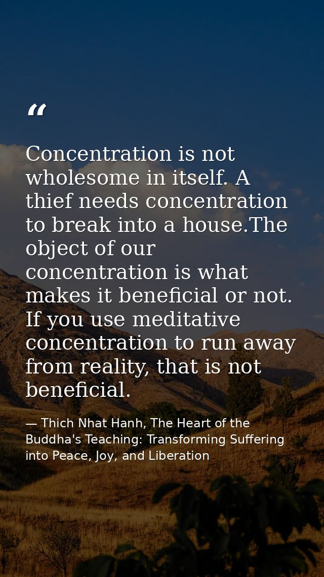 Concentration is not wholesome in itself. A thief needs concentration to break into a house.The object of our concentrat — Thich Nhat Hanh, The Heart of the Buddha's Teaching: Transforming Suffering into Peace, Joy, and Liberation