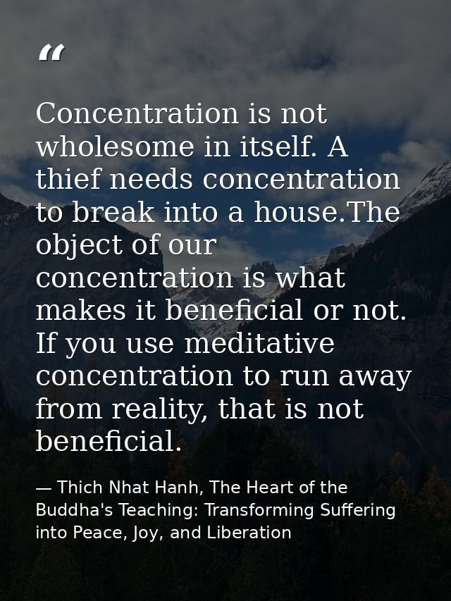 Concentration is not wholesome in itself. A thief needs concentration to break into a house.The object of our concentrat — Thich Nhat Hanh, The Heart of the Buddha's Teaching: Transforming Suffering into Peace, Joy, and Liberation