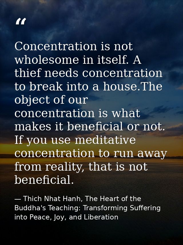 Concentration is not wholesome in itself. A thief needs concentration to break into a house.The object of our concentrat — Thich Nhat Hanh, The Heart of the Buddha's Teaching: Transforming Suffering into Peace, Joy, and Liberation