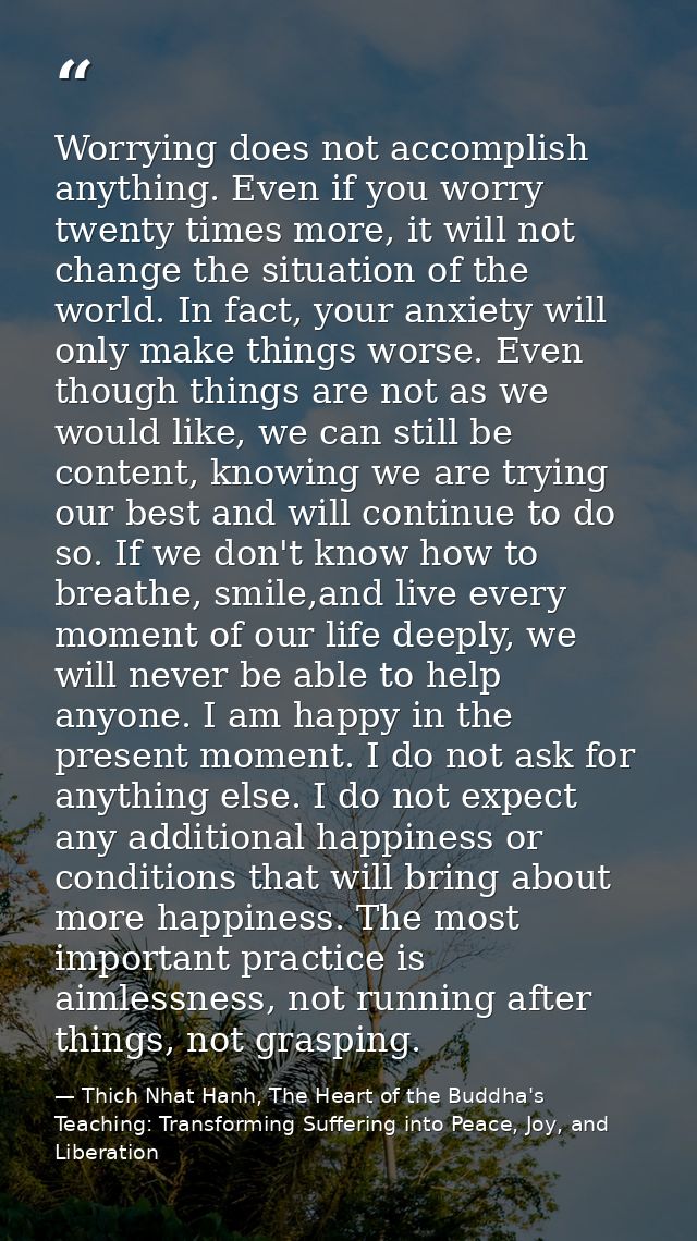 Worrying does not accomplish anything. Even if you worry twenty times more, it will not change the situation of the worl — Thich Nhat Hanh, The Heart of the Buddha's Teaching: Transforming Suffering into Peace, Joy, and Liberation