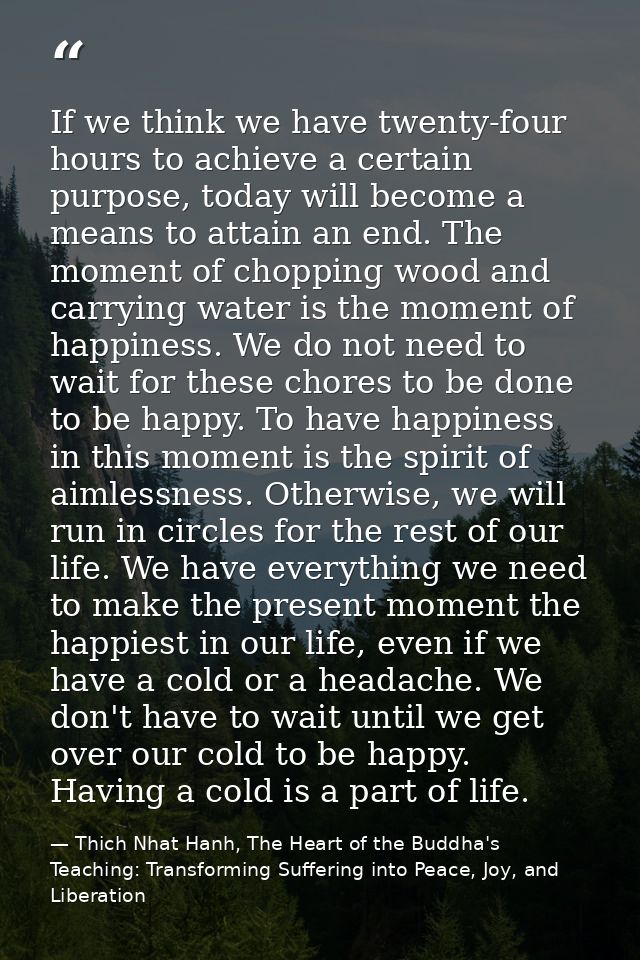 If we think we have twenty-four hours to achieve a certain purpose, today will become a means to attain an end. The mome — Thich Nhat Hanh, The Heart of the Buddha's Teaching: Transforming Suffering into Peace, Joy, and Liberation