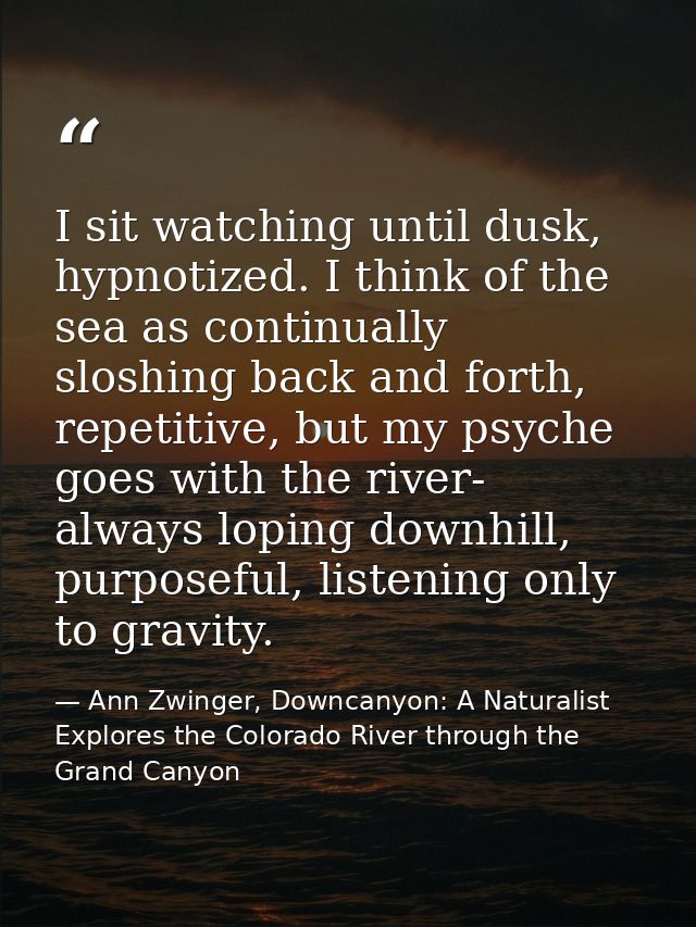 I sit watching until dusk, hypnotized. I think of the sea as continually sloshing back and forth, repetitive, but my psy — Ann Zwinger, Downcanyon: A Naturalist Explores the Colorado River through the Grand Canyon