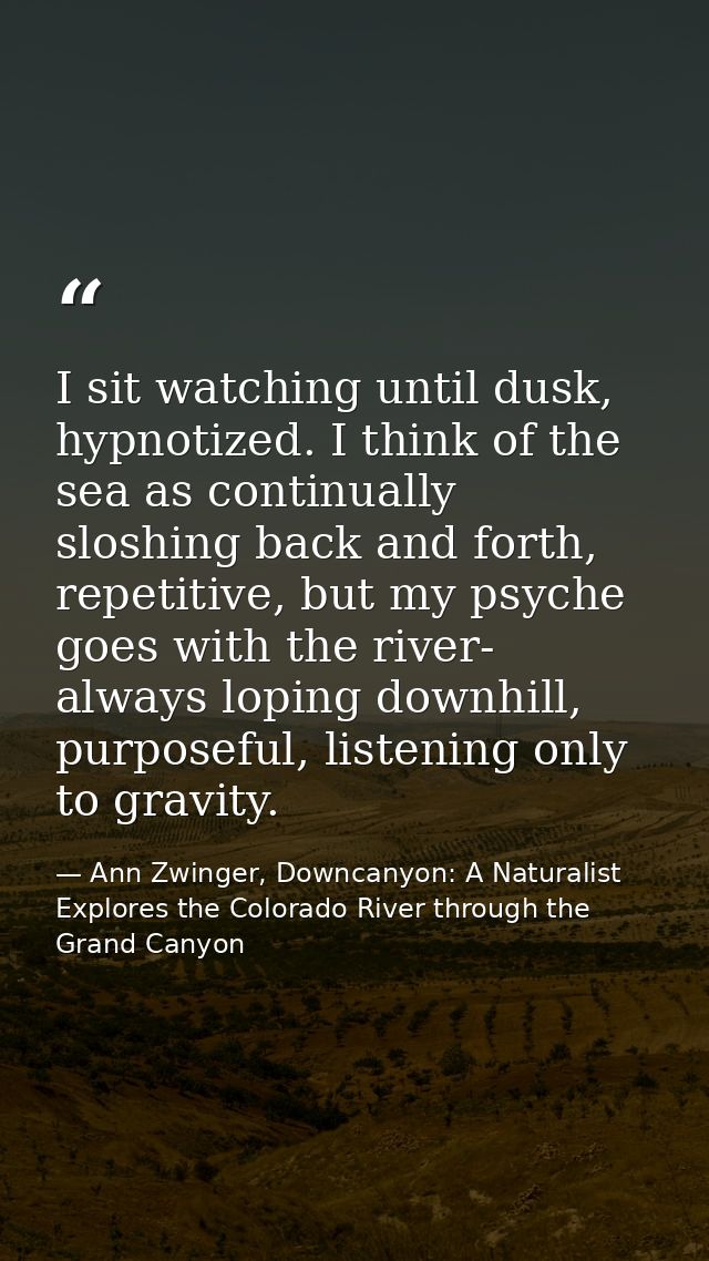 I sit watching until dusk, hypnotized. I think of the sea as continually sloshing back and forth, repetitive, but my psy — Ann Zwinger, Downcanyon: A Naturalist Explores the Colorado River through the Grand Canyon