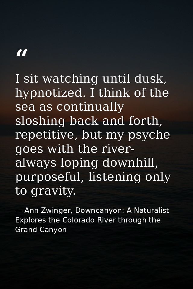I sit watching until dusk, hypnotized. I think of the sea as continually sloshing back and forth, repetitive, but my psy — Ann Zwinger, Downcanyon: A Naturalist Explores the Colorado River through the Grand Canyon