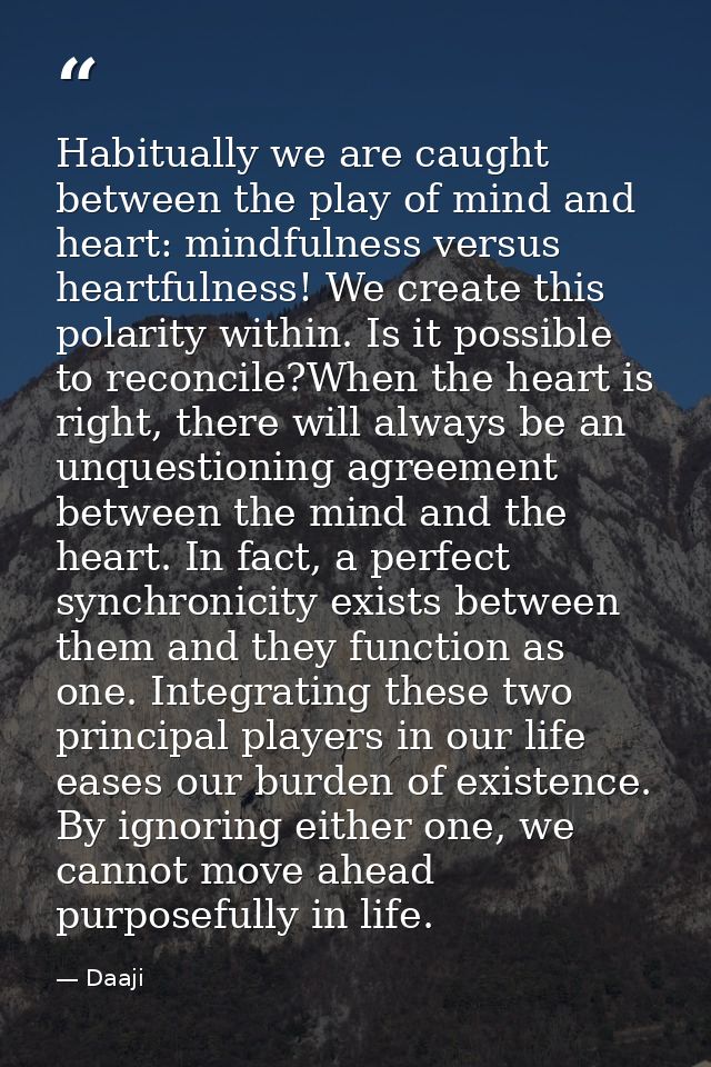 Habitually we are caught between the play of mind and heart: mindfulness versus heartfulness! We create this polarity wi — Daaji