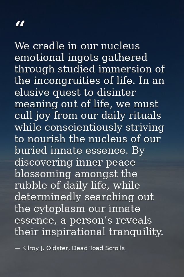 We cradle in our nucleus emotional ingots gathered through studied immersion of the incongruities of life. In an elusive — Kilroy J. Oldster, Dead Toad Scrolls
