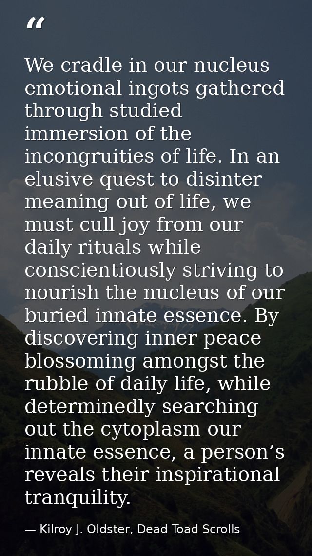 We cradle in our nucleus emotional ingots gathered through studied immersion of the incongruities of life. In an elusive — Kilroy J. Oldster, Dead Toad Scrolls