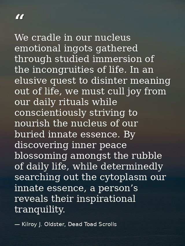 We cradle in our nucleus emotional ingots gathered through studied immersion of the incongruities of life. In an elusive — Kilroy J. Oldster, Dead Toad Scrolls