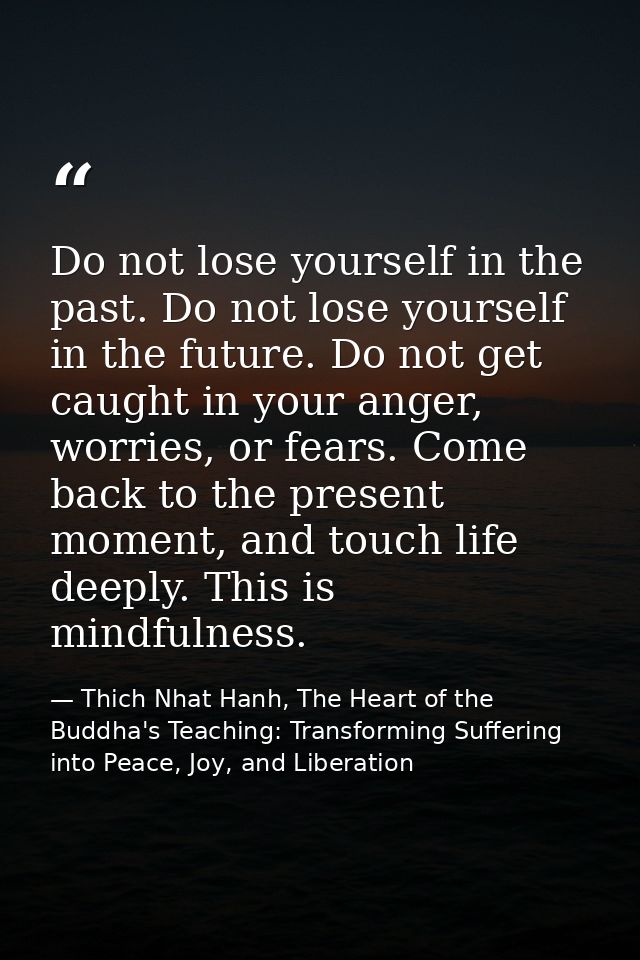 Do not lose yourself in the past. Do not lose yourself in the future. Do not get caught in your anger, worries, or fears — Thich Nhat Hanh, The Heart of the Buddha's Teaching: Transforming Suffering into Peace, Joy, and Liberation
