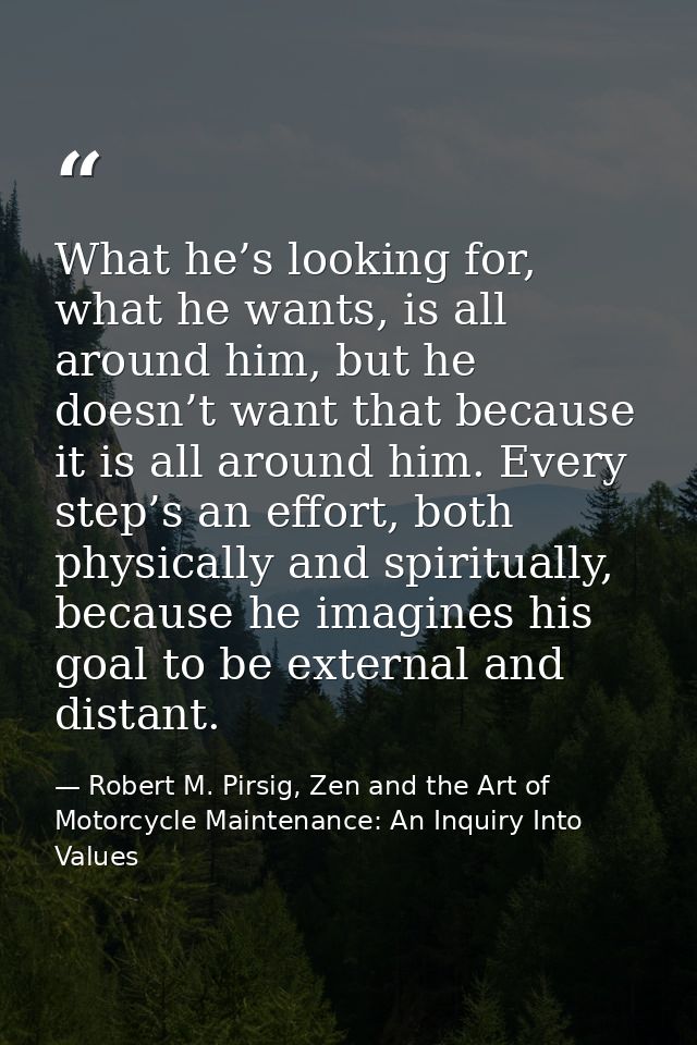 What he’s looking for, what he wants, is all around him, but he doesn’t want that because it is all around him. Every st — Robert M. Pirsig, Zen and the Art of Motorcycle Maintenance: An Inquiry Into Values