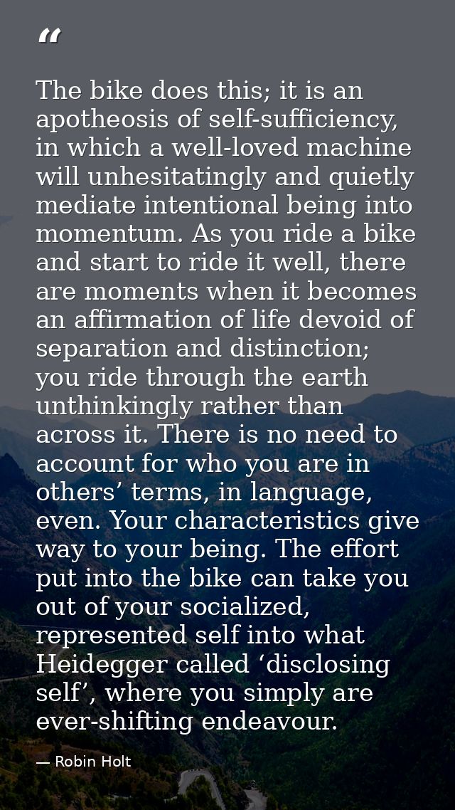 The bike does this; it is an apotheosis of self-sufficiency, in which a well-loved machine will unhesitatingly and quiet — Robin Holt