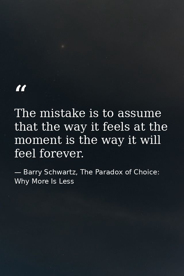 The mistake is to assume that the way it feels at the moment is the way it will feel forever. — Barry Schwartz, The Paradox of Choice: Why More Is Less