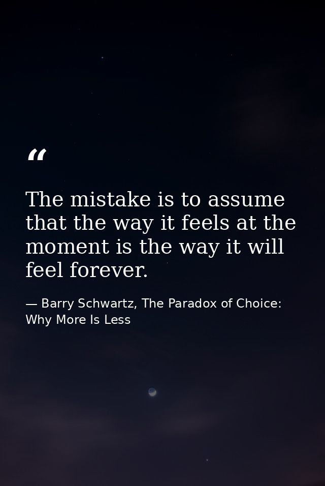The mistake is to assume that the way it feels at the moment is the way it will feel forever. — Barry Schwartz, The Paradox of Choice: Why More Is Less