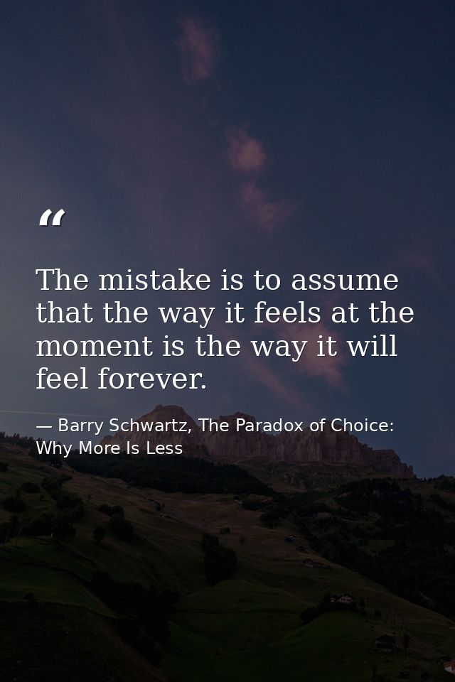 The mistake is to assume that the way it feels at the moment is the way it will feel forever. — Barry Schwartz, The Paradox of Choice: Why More Is Less