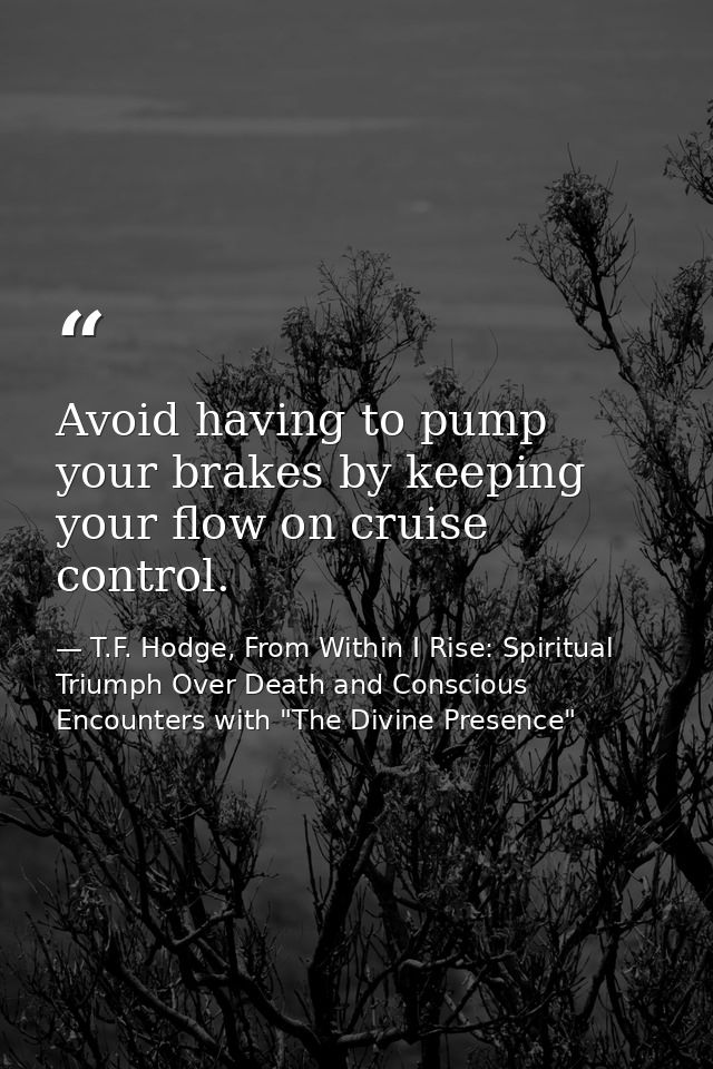 Avoid having to pump your brakes by keeping your flow on cruise control. — T.F. Hodge, From Within I Rise: Spiritual Triumph Over Death and Conscious Encounters with "The Divine Presence"