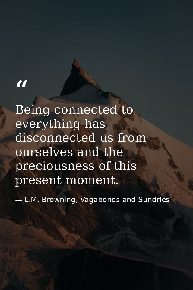 Being connected to everything has disconnected us from ourselves and the preciousness of this present moment. — L.M. Browning, Vagabonds and Sundries