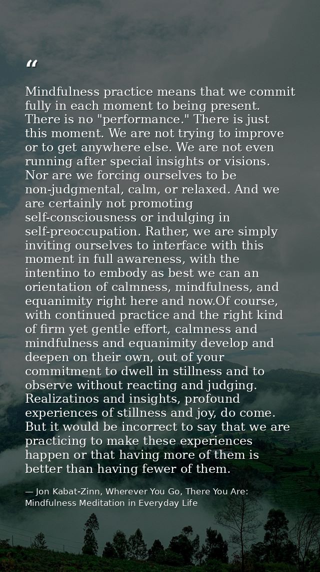 Mindfulness practice means that we commit fully in each moment to being present. There is no "performance." There is jus — Jon Kabat-Zinn, Wherever You Go, There You Are: Mindfulness Meditation in Everyday Life