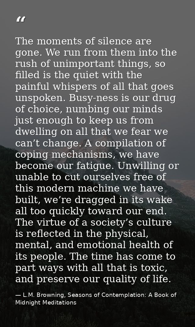 The moments of silence are gone. We run from them into the rush of unimportant things, so filled is the quiet with the p — L.M. Browning, Seasons of Contemplation: A Book of Midnight Meditations
