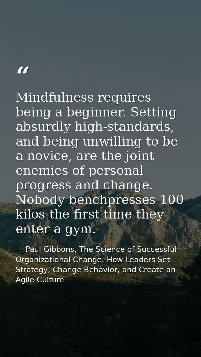 Mindfulness requires being a beginner. Setting absurdly high-standards, and being unwilling to be a novice, are the join — Paul Gibbons, The Science of Successful Organizational Change: How Leaders Set Strategy, Change Behavior, and Create an Agile Culture