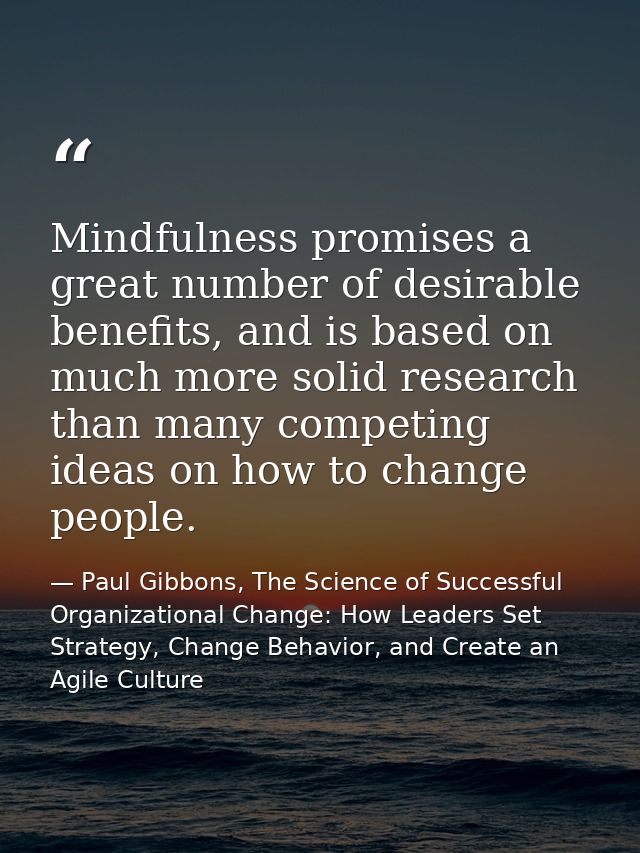 Mindfulness promises a great number of desirable benefits, and is based on much more solid research than many competing  — Paul Gibbons, The Science of Successful Organizational Change: How Leaders Set Strategy, Change Behavior, and Create an Agile Culture
