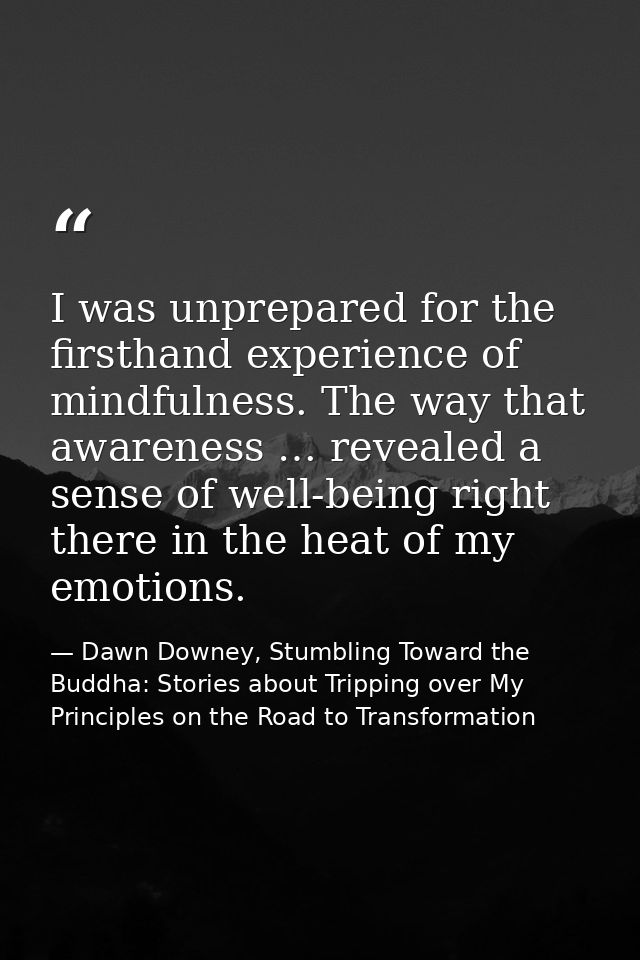 I was unprepared for the firsthand experience of mindfulness. The way that awareness … revealed a sense of well-being ri — Dawn Downey, Stumbling Toward the Buddha: Stories about Tripping over My Principles on the Road to Transformation