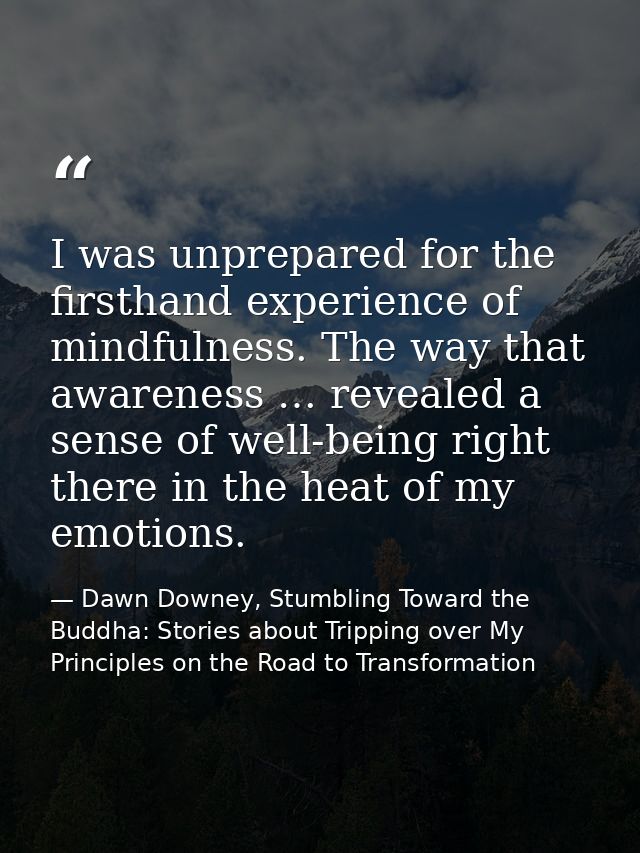 I was unprepared for the firsthand experience of mindfulness. The way that awareness … revealed a sense of well-being ri — Dawn Downey, Stumbling Toward the Buddha: Stories about Tripping over My Principles on the Road to Transformation