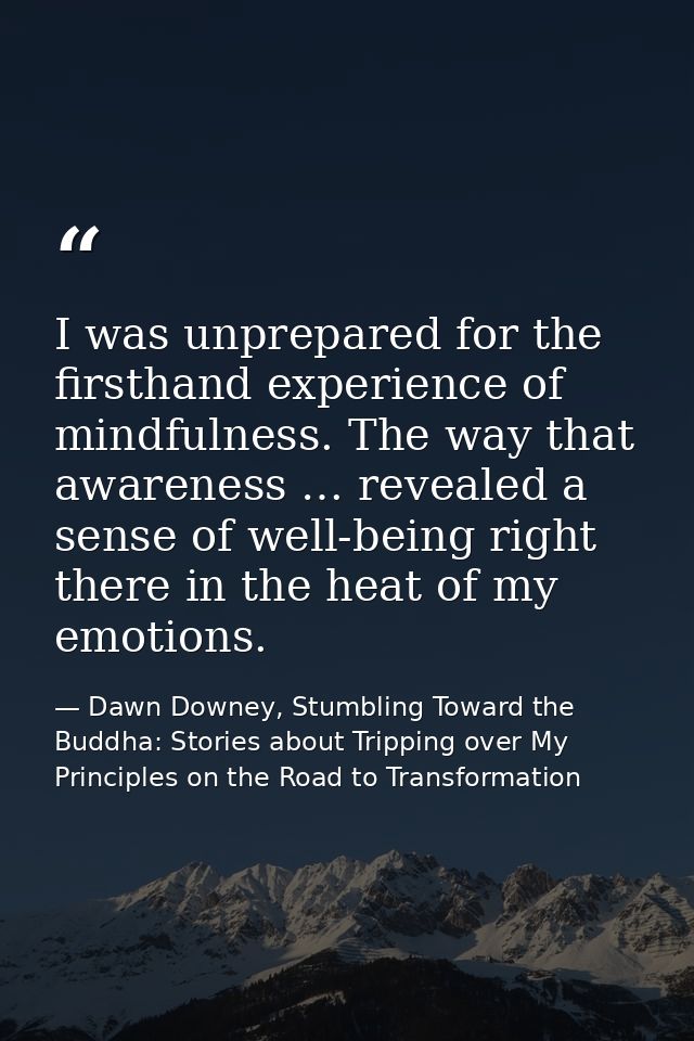 I was unprepared for the firsthand experience of mindfulness. The way that awareness … revealed a sense of well-being ri — Dawn Downey, Stumbling Toward the Buddha: Stories about Tripping over My Principles on the Road to Transformation