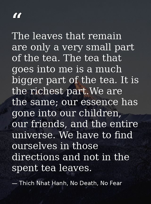 The leaves that remain are only a very small part of the tea. The tea that goes into me is a much bigger part of the tea — Thich Nhat Hanh, No Death, No Fear