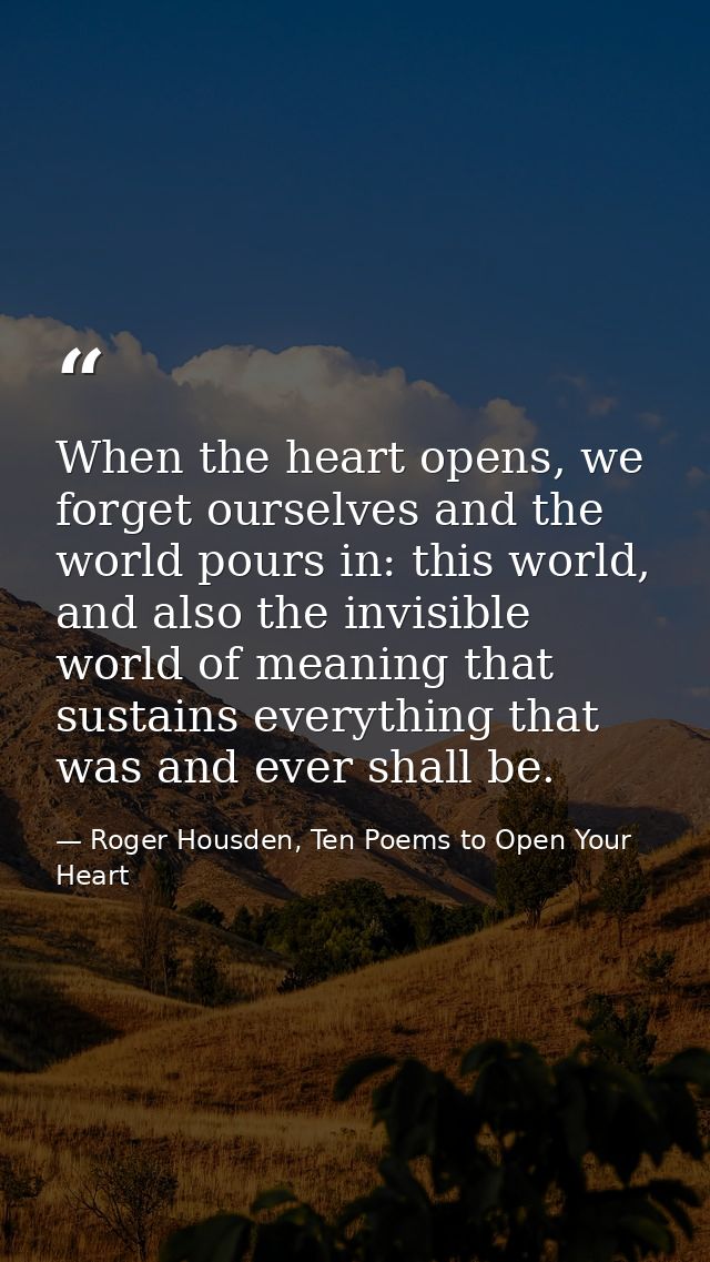 When the heart opens, we forget ourselves and the world pours in: this world, and also the invisible world of meaning th — Roger Housden, Ten Poems to Open Your Heart