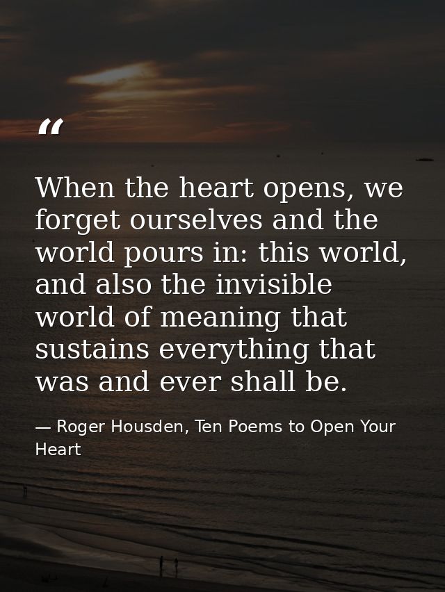 When the heart opens, we forget ourselves and the world pours in: this world, and also the invisible world of meaning th — Roger Housden, Ten Poems to Open Your Heart