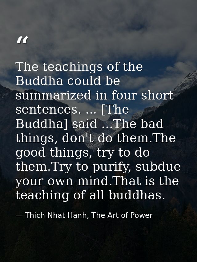 The teachings of the Buddha could be summarized in four short sentences. ... [The Buddha] said ...The bad things, don't  — Thich Nhat Hanh, The Art of Power