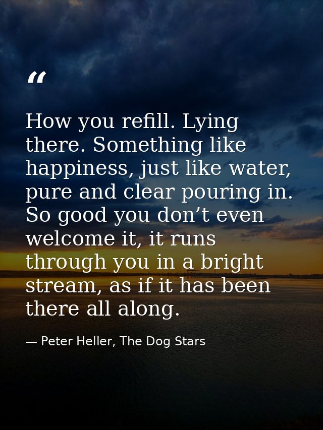 How you refill. Lying there. Something like happiness, just like water, pure and clear pouring in. So good you don’t eve — Peter Heller, The Dog Stars