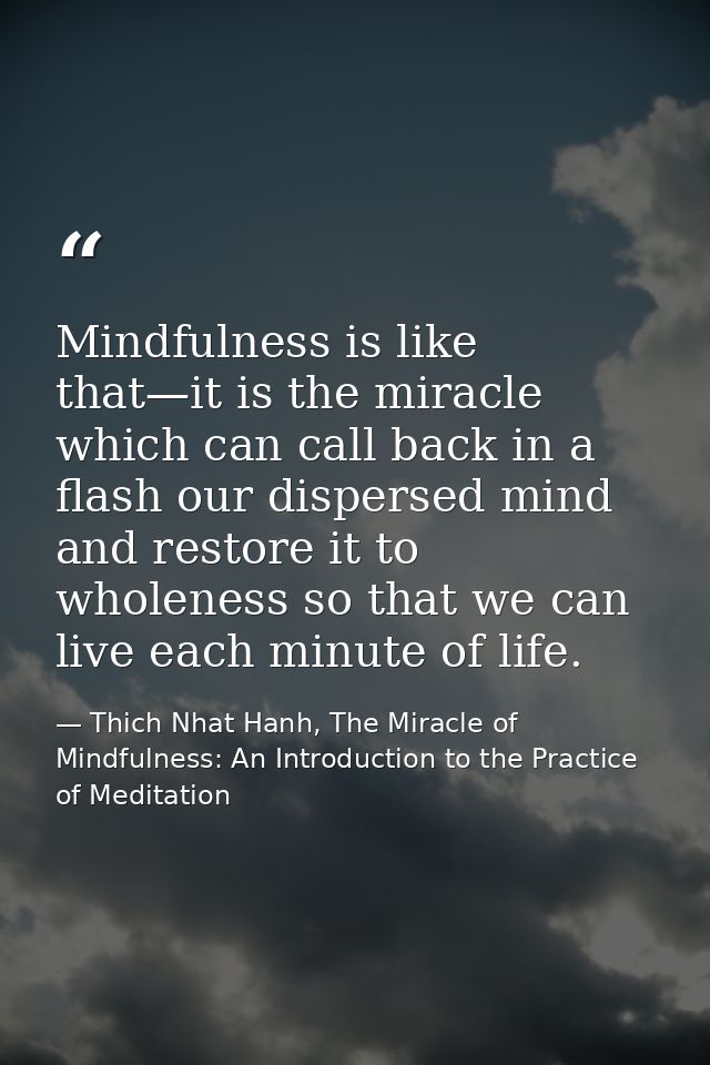 Mindfulness is like that—it is the miracle which can call back in a flash our dispersed mind and restore it to wholeness — Thich Nhat Hanh, The Miracle of Mindfulness: An Introduction to the Practice of Meditation