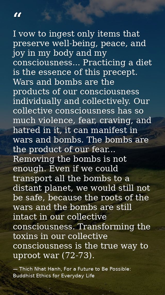I vow to ingest only items that preserve well-being, peace, and joy in my body and my consciousness... Practicing a diet — Thich Nhat Hanh, For a Future to Be Possible: Buddhist Ethics for Everyday Life
