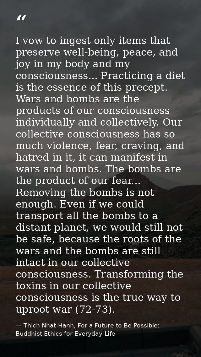 I vow to ingest only items that preserve well-being, peace, and joy in my body and my consciousness... Practicing a diet — Thich Nhat Hanh, For a Future to Be Possible: Buddhist Ethics for Everyday Life