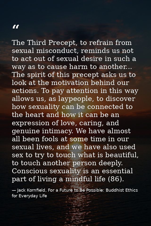 The Third Precept, to refrain from sexual misconduct, reminds us not to act out of sexual desire in such a way as to cau — Jack Kornfield, For a Future to Be Possible: Buddhist Ethics for Everyday Life