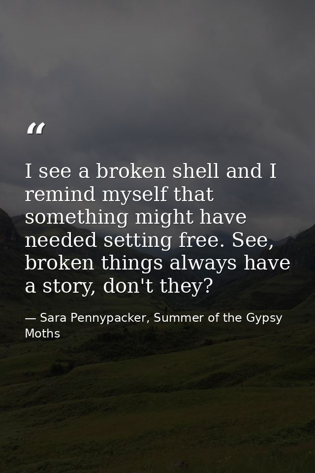 I see a broken shell and I remind myself that something might have needed setting free. See, broken things always have a — Sara Pennypacker, Summer of the Gypsy Moths